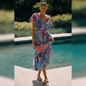 NWT Farm Rio V-Neck Printed Midi Wrap Dress in Ocean Life Tropical Sea Print XS